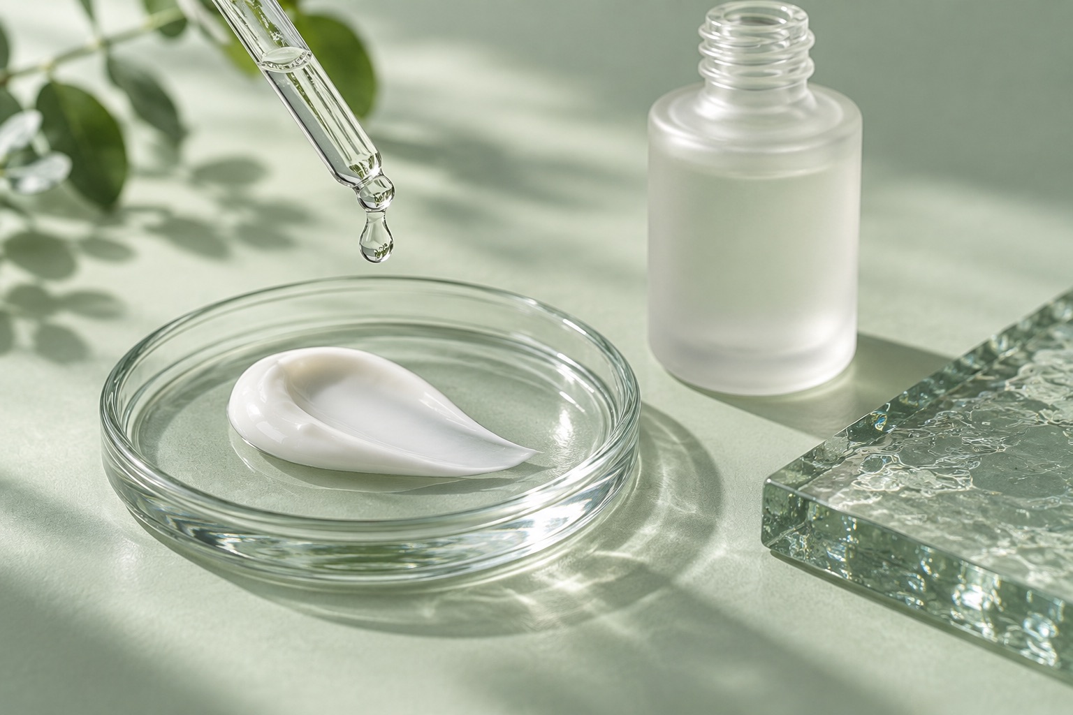 Clear dropper, glass dish and cream texture on a pale sage surface